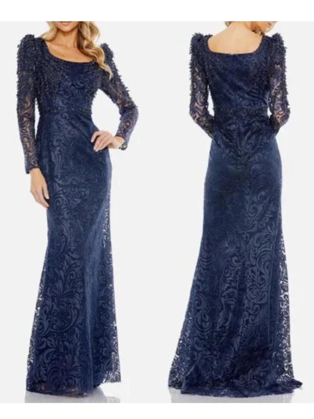 NWT Mac Duggal 11187 Size 18 Embroidered Lace Long Sleeve Gown size 18 Midnight